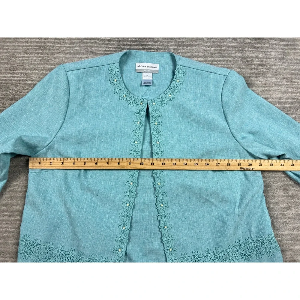 Alfred Dunner Jacket Women 10P Turquoise Blue Open Front Crochet Lace Beaded 3/4